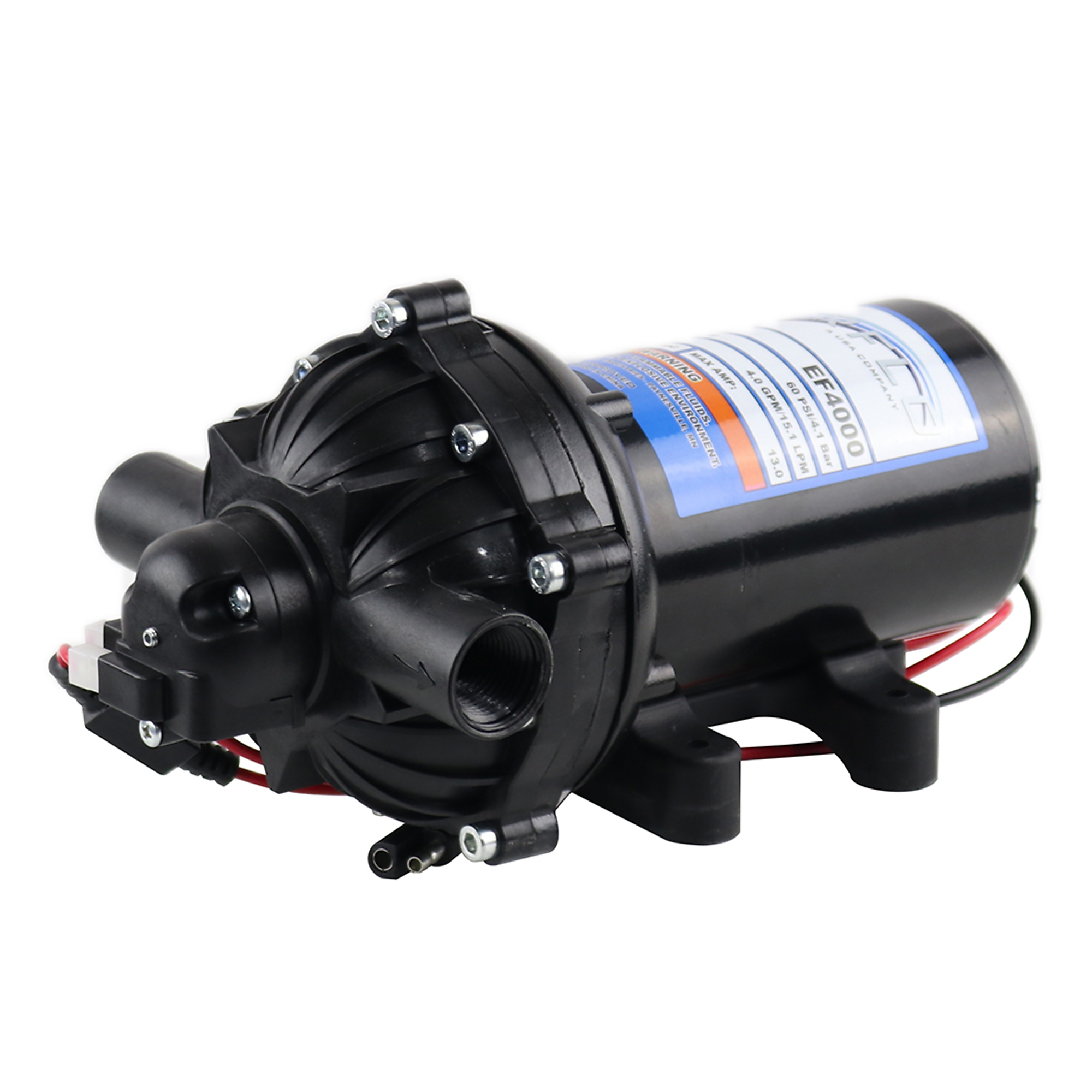 Everflo 12V On-Demand Diaphragm Pump - 4.0GPM, 60 PSI Max, 1/2" FNPT Ports, Model# EF4000-BOX